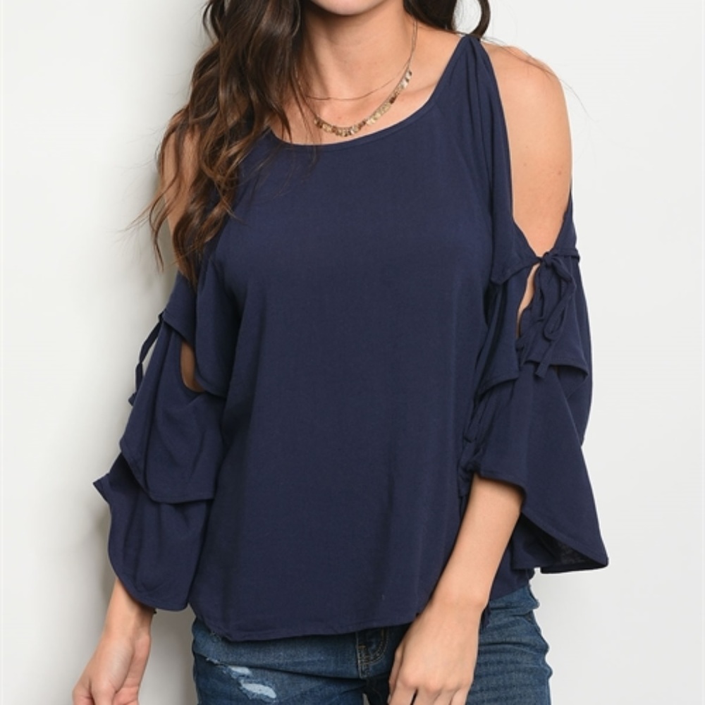 Navy Linen cold sholder top - Picture 1 of 7